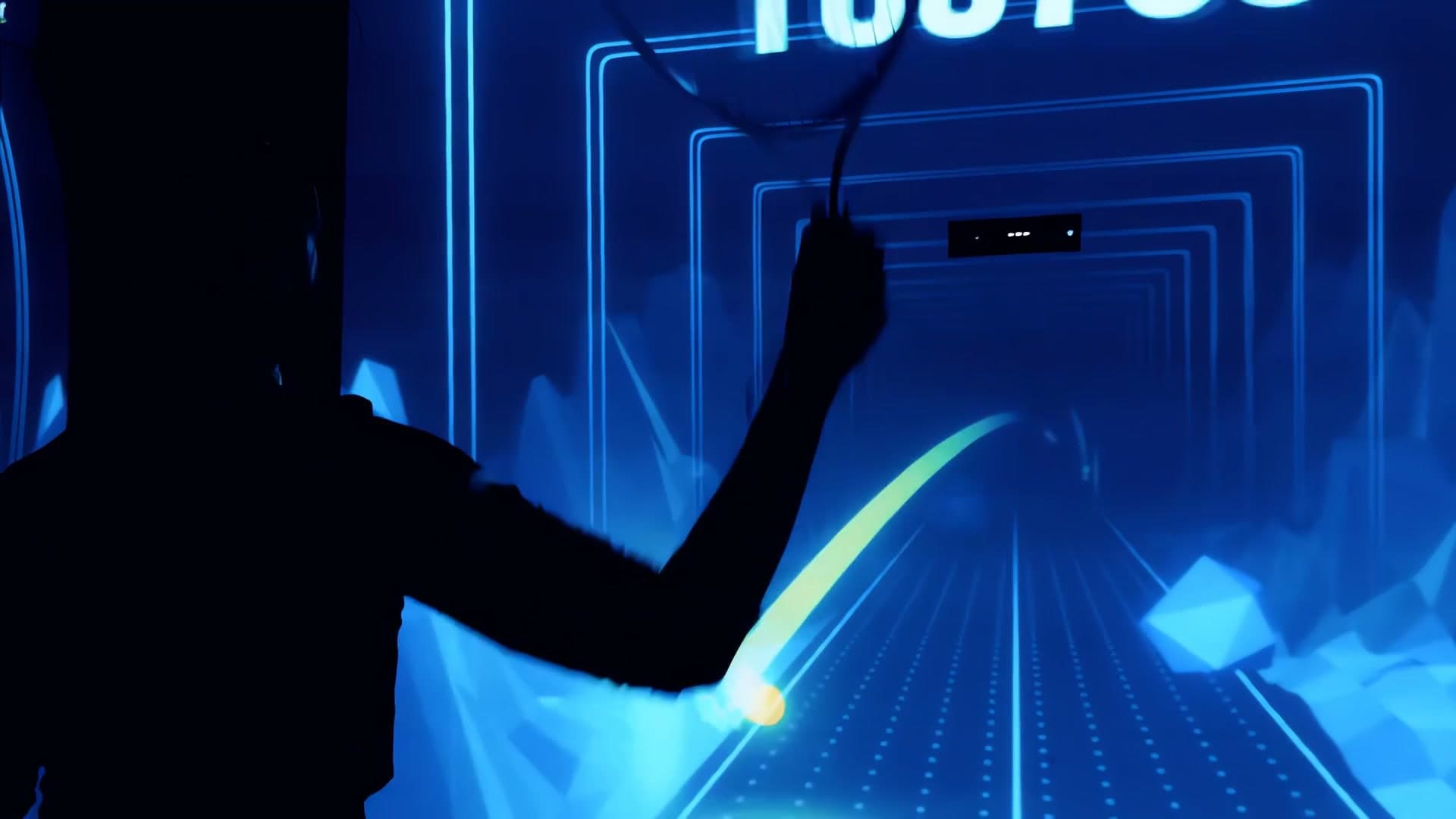 A participant swings a tennis racket in silhouette against the projected ANZ Breakpoint virtual court.