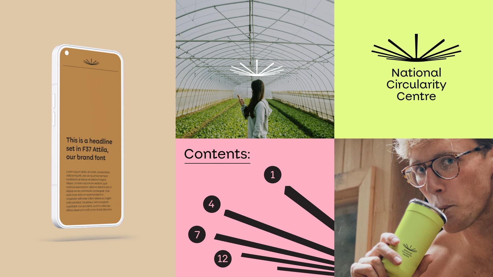 Centre for Circularity creative vision board combining the identity, vivid colour palette, typography, agricultural imagery and physical and digital touchpoints.
