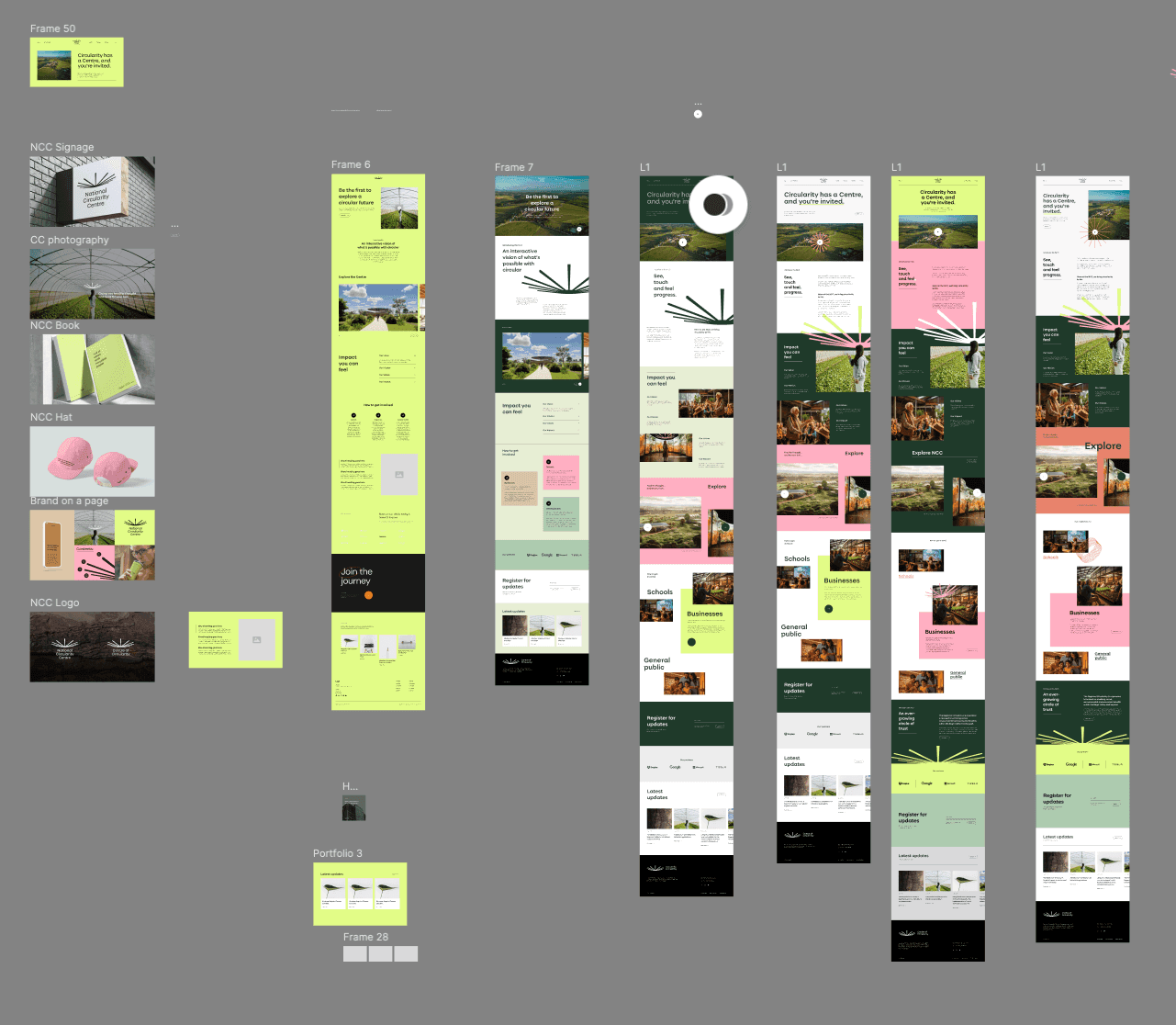 Centre for Circularity design exploration canvas showing identity references, early page structures and multiple long-form website territories.