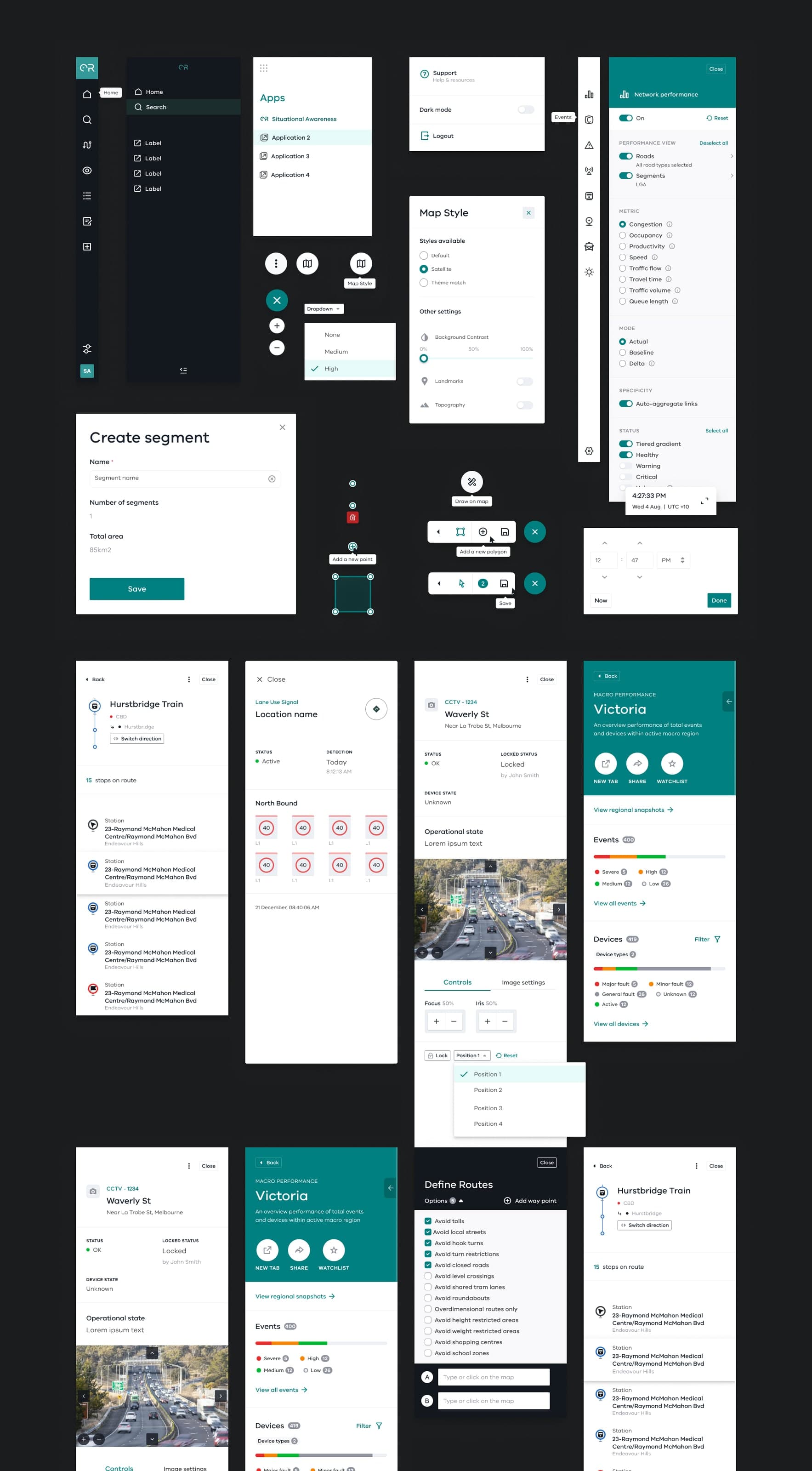 A tall inventory of Optimal Reality navigation, controls, forms, panels and operational interface components on a dark canvas.