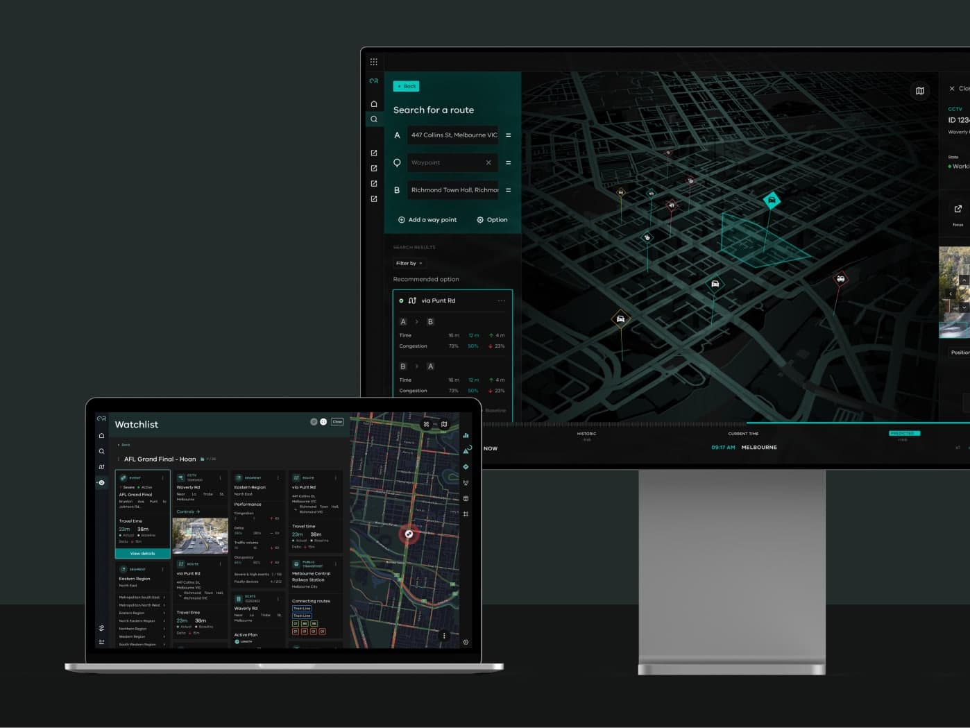 Optimal Reality route planning and operational watchlist interfaces displayed across a large monitor and laptop.