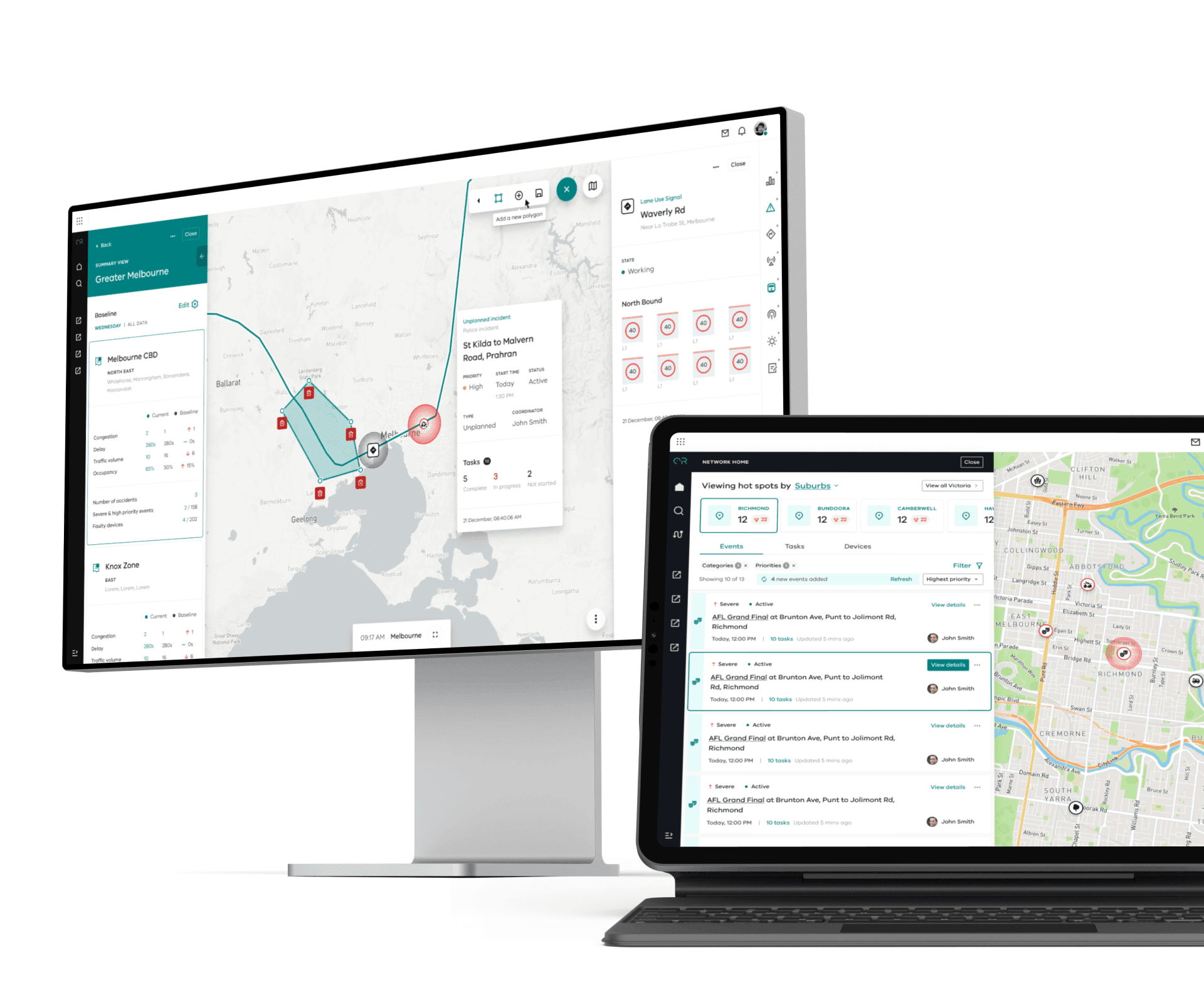 Optimal Reality future-state interfaces displayed on a large curved monitor and a laptop, combining maps, incidents and network performance.