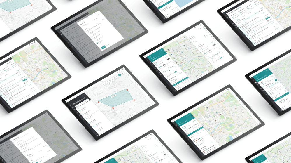 A field of iPad interfaces showing maps, routes, operational details and controls across different Optimal Reality scenarios.