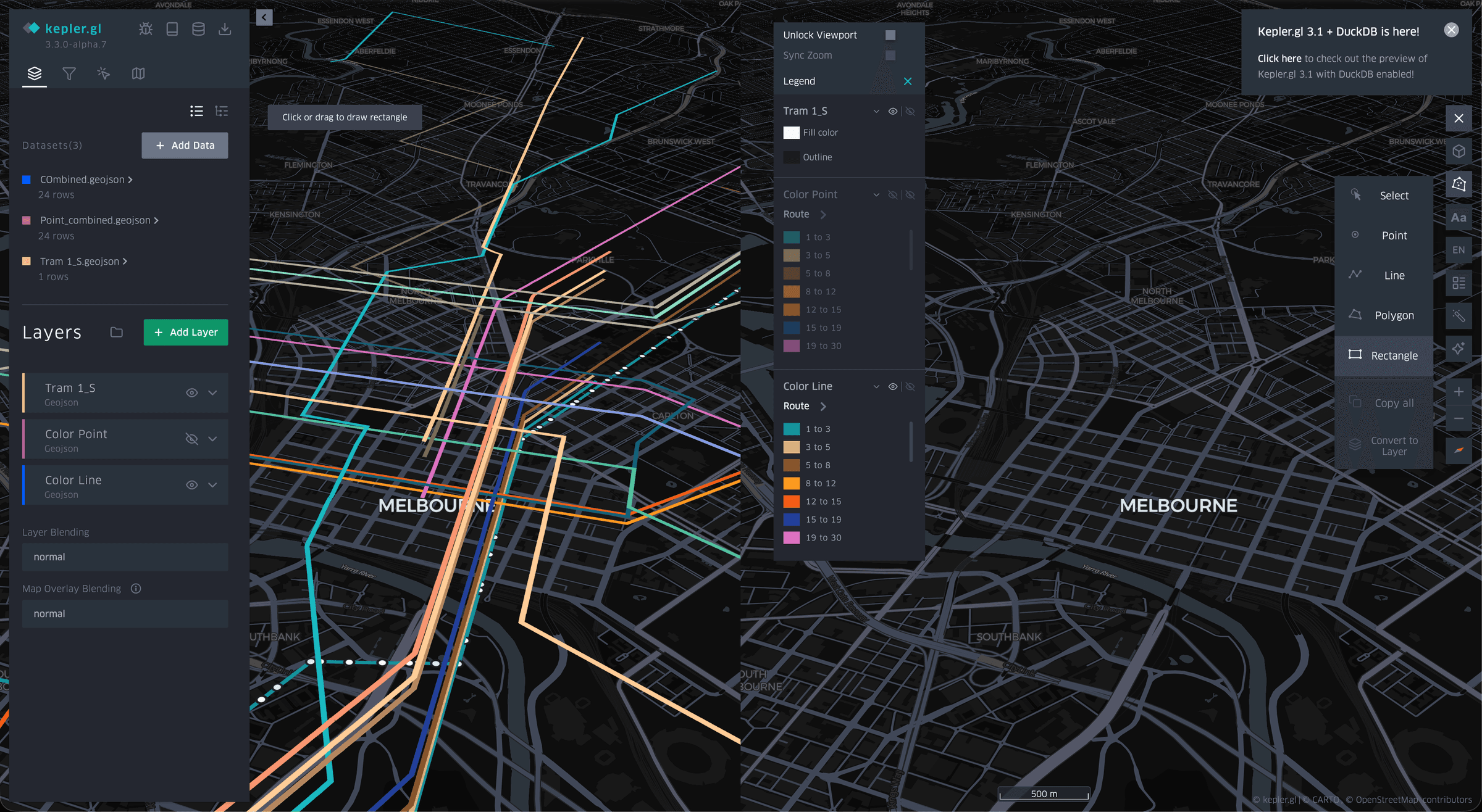 Kepler.gl spatial exploration showing layered tram routes and data controls across a three-dimensional map of Melbourne.