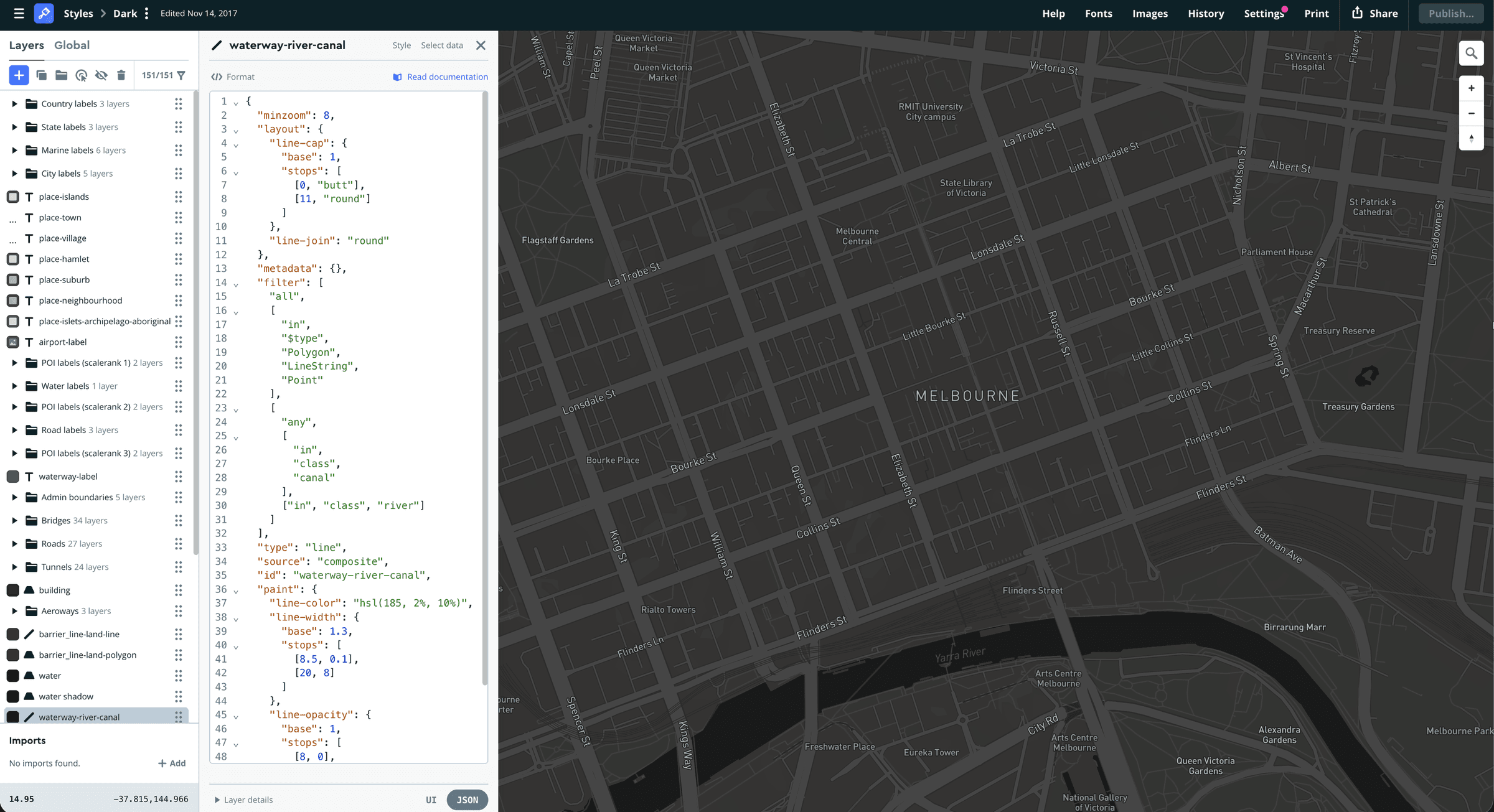 Mapbox Studio view of a custom dark Melbourne basemap with restrained roads, labels, buildings, water and landmarks.