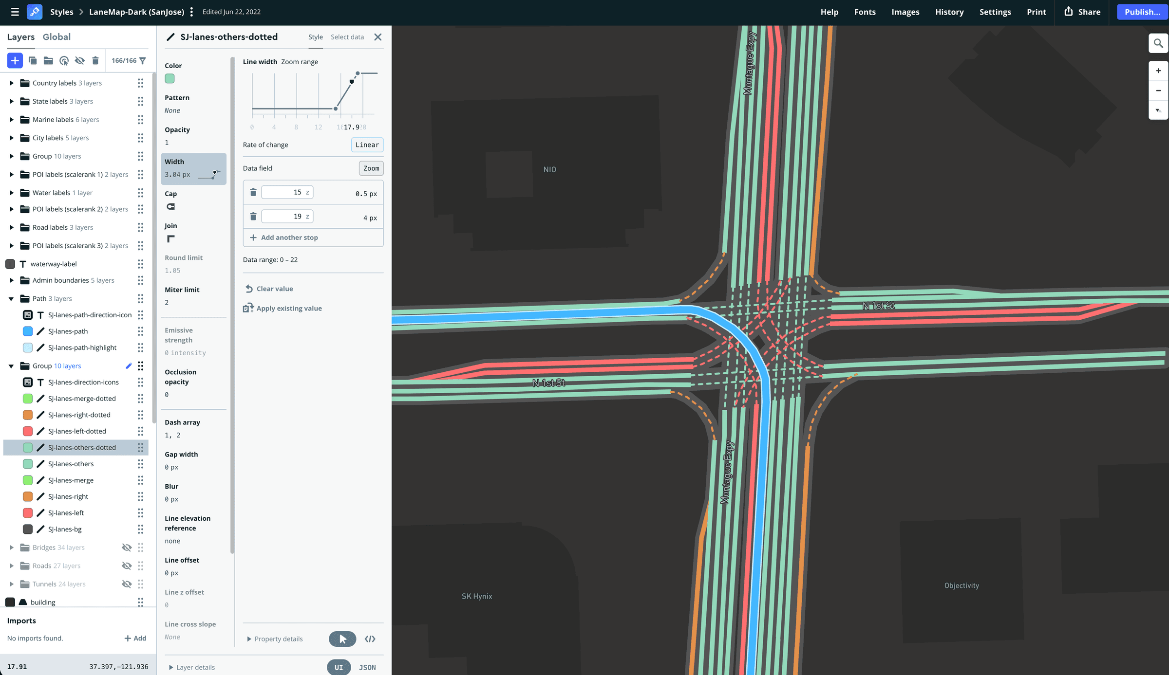 Mapbox Studio exploration of a dark lane-level map style, showing route colours, line widths, patterns and zoom behaviour.