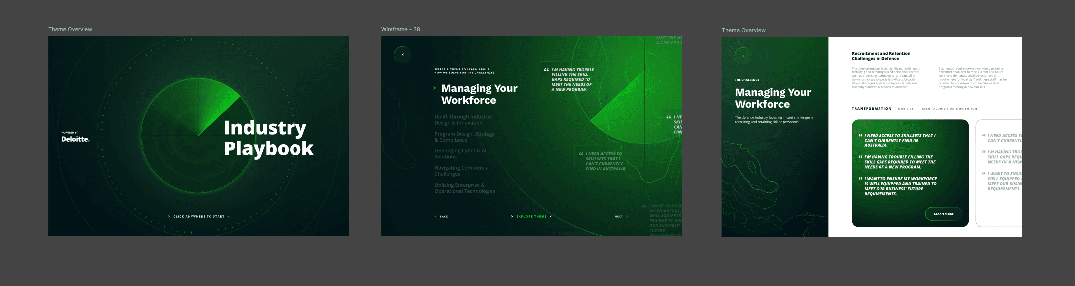Three early interface concepts progressing from the Industry Playbook radar into theme selection and overview.