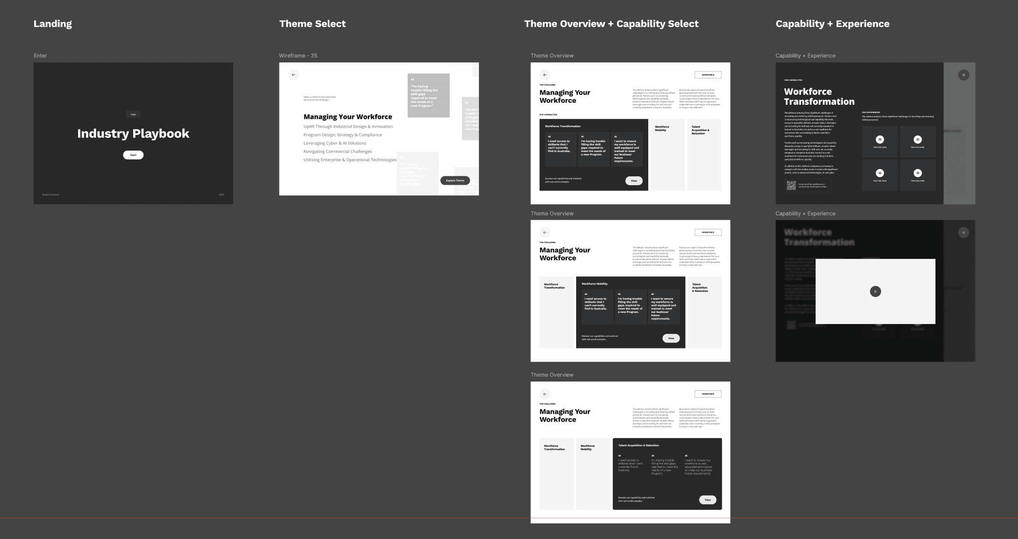 Early monochrome experience architecture showing the landing, theme selection, overview and capability-detail steps.