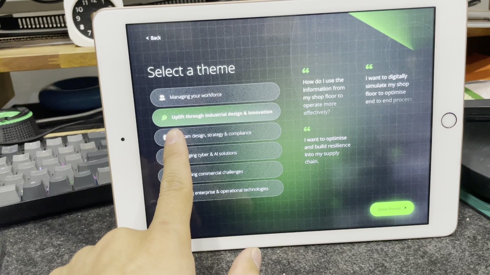 Hands-on iPad testing of the Avalon theme-selection interface.