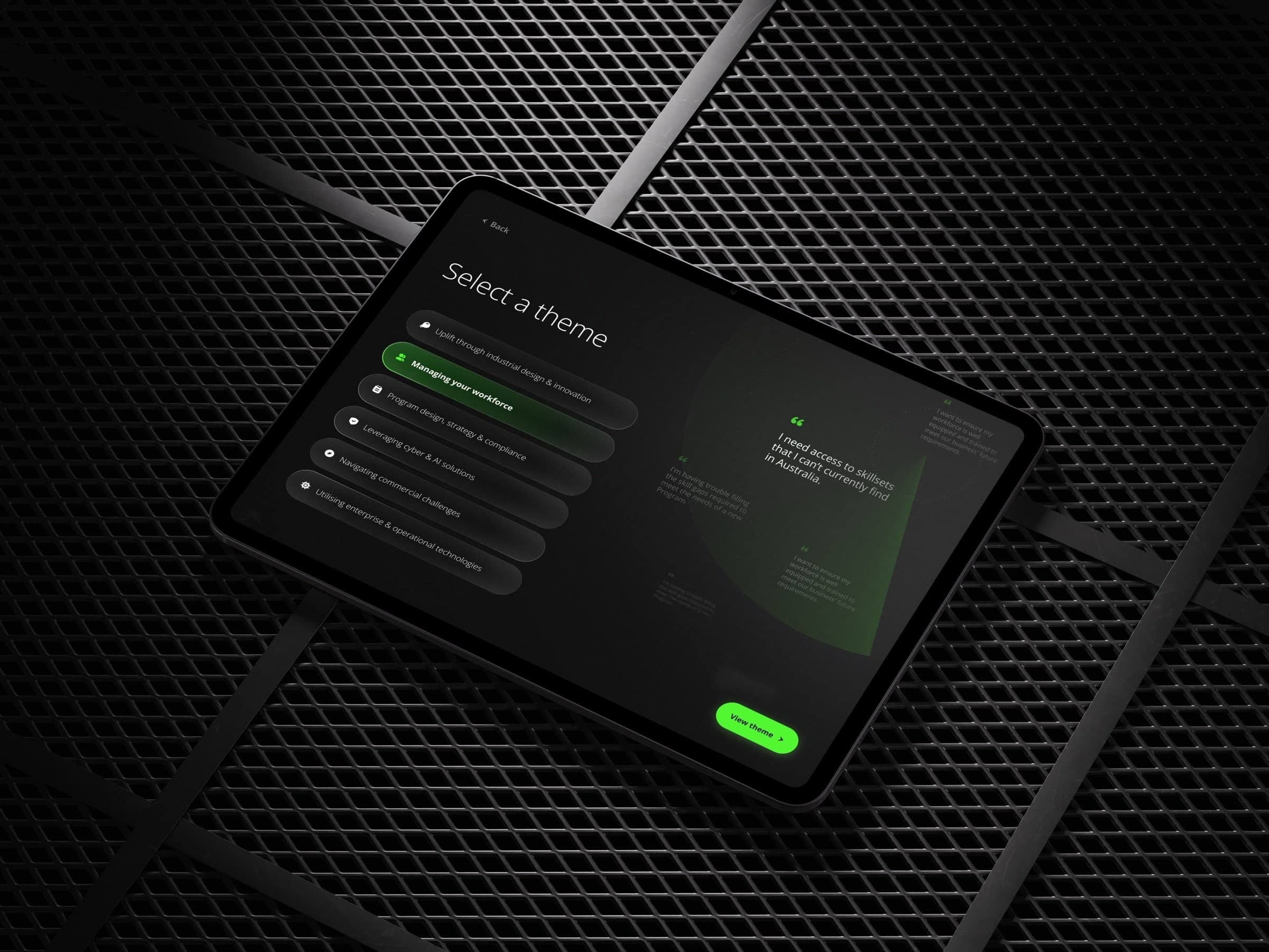 Angled iPad Pro mock-up showing the playbook theme-selection interface.