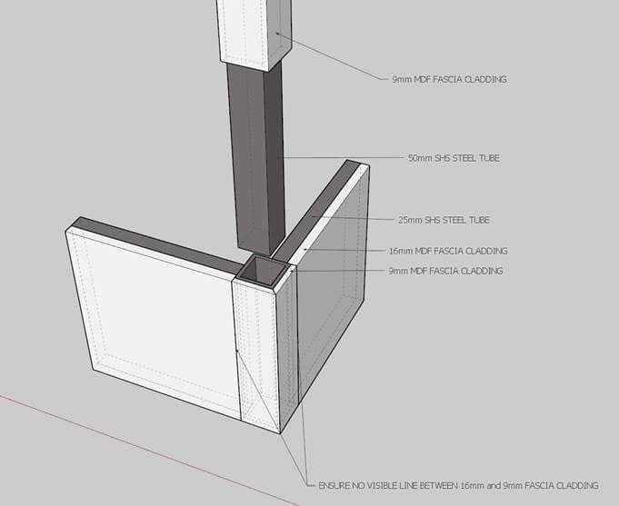 Detailed 3D construction view resolving the steel tube frame and layered MDF fascia junction.