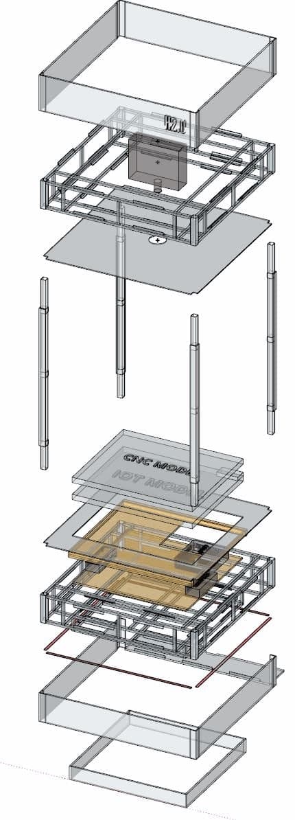 Exploded axonometric drawing separating the H2.0 installation into its structural frame, surfaces, supports and outer enclosure.