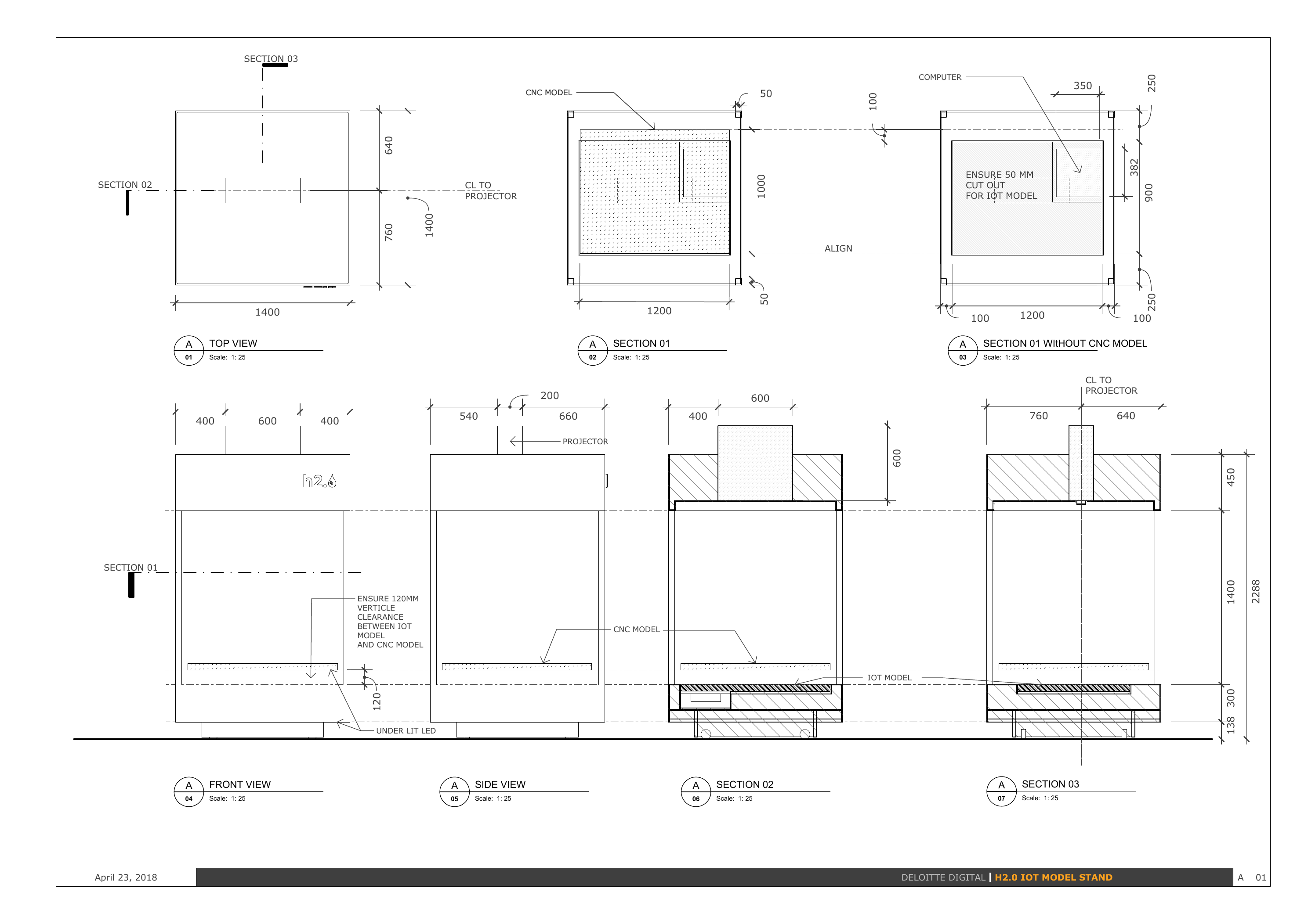 Detailed construction drawing showing top, front, side and section views for the H2.0 physical installation.